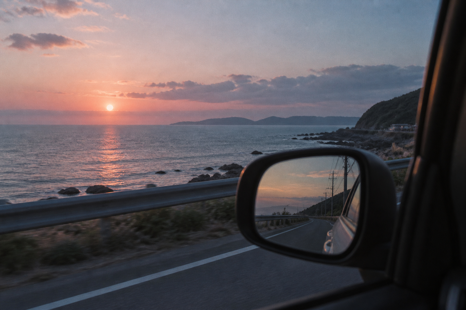 夕暮れの海沿いの道と車のミラーの生成イメージ